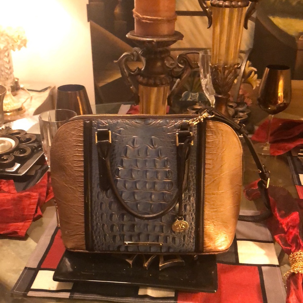 Brahmin Blue and Brown Textured Satchel